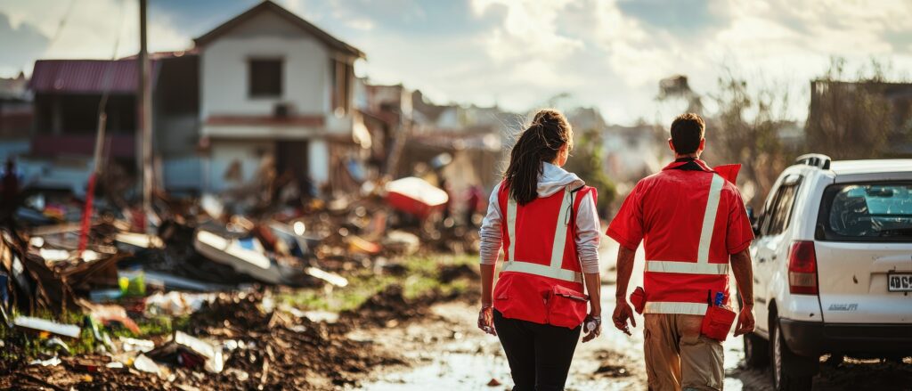 Two disaster relief workers in red vests walking through a hurricane-affected area to provide aid and support.