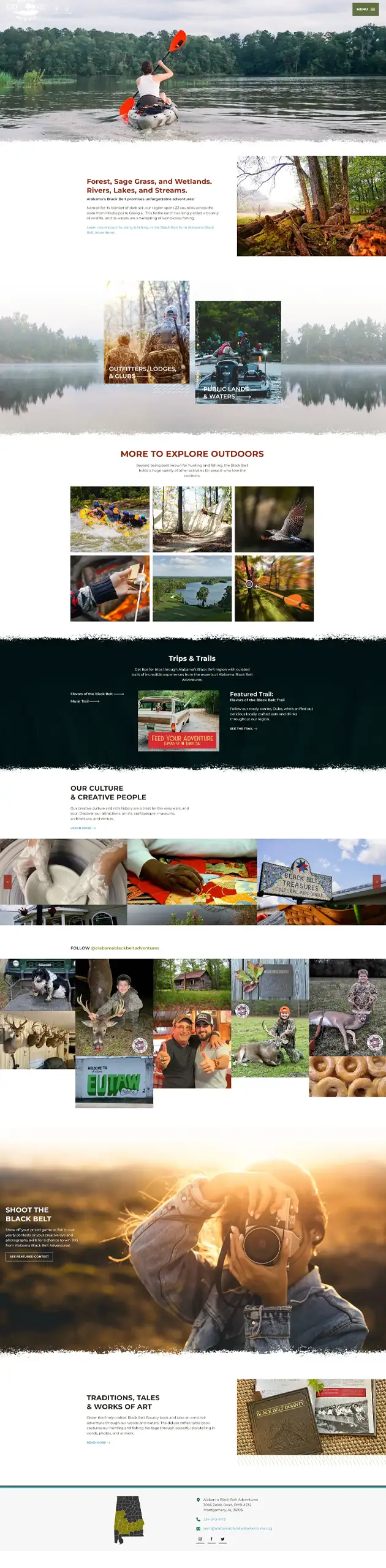 a full homepage capture of Alabama Black Belt Adventures' new website, designed by travel marketing agency Red Sage