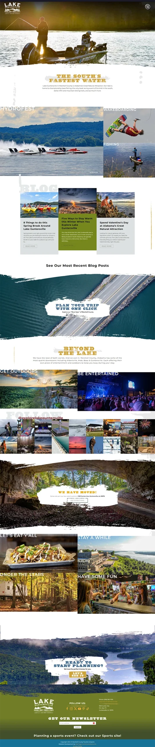 a full homepage layout for Explore Lake Guntersville's tourism website design, from destination marketing agency Red Sage