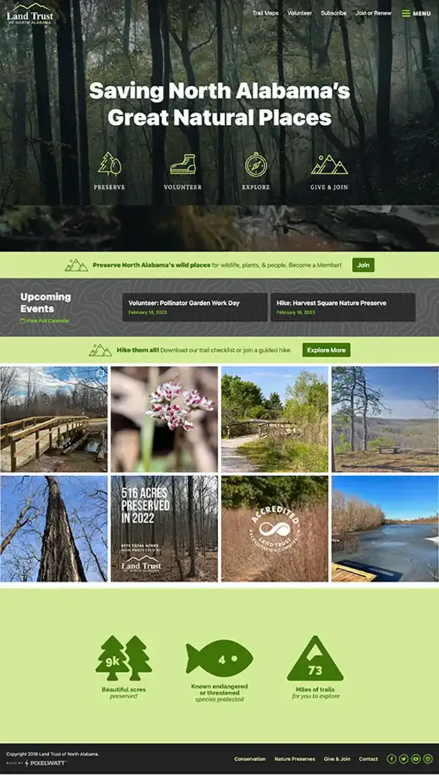 the Land Trust of North Alabama's old website was clunky, with way too many pages and a stale, uninspiring homepage
