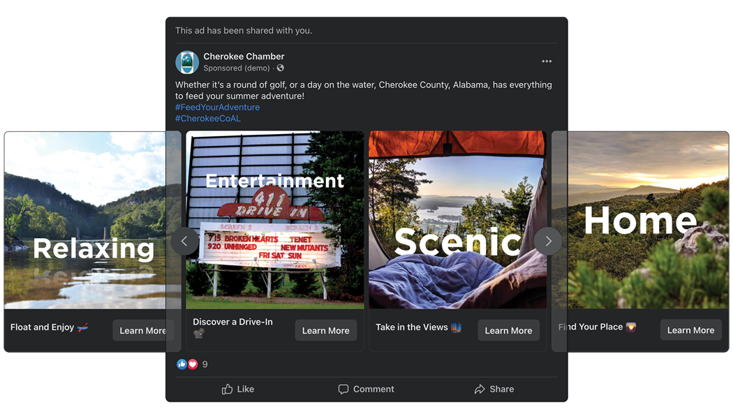 social ads developed by place marketing agency Red Sage, showcasing recreation, entertainment, and exploration options