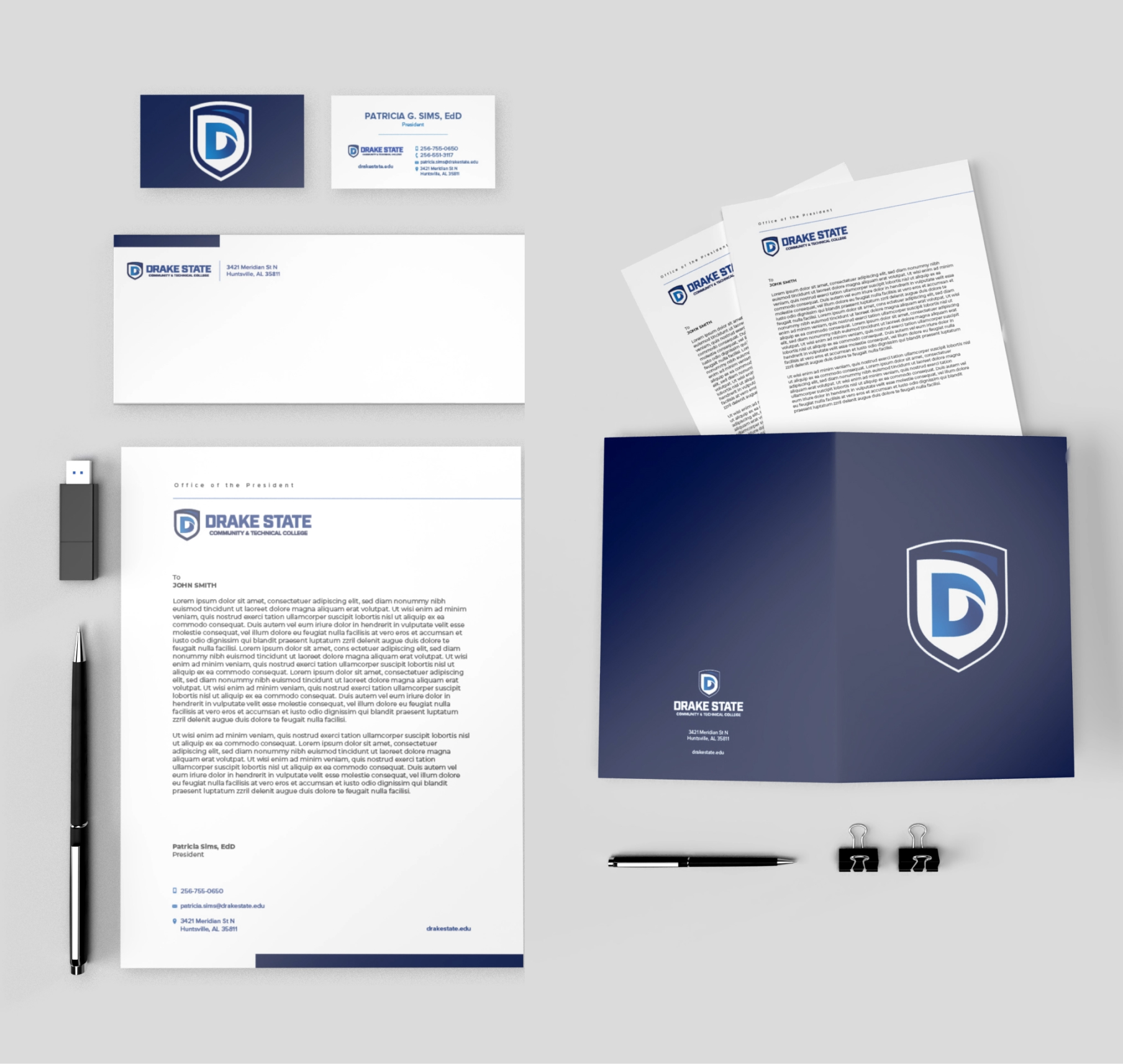 collateral mockup showcasing Drake State's new branding, designed by Red Sage, a leading place marketing agency for colleges