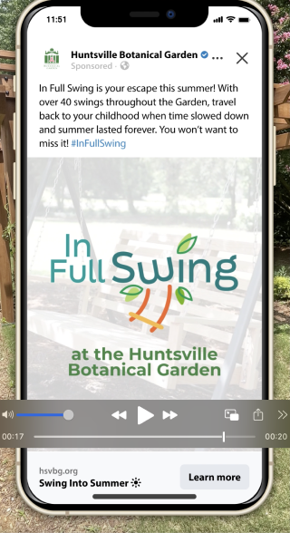 destination advertising examples for In Full Swing, an interactive attraction at Huntsville Botanical Garden