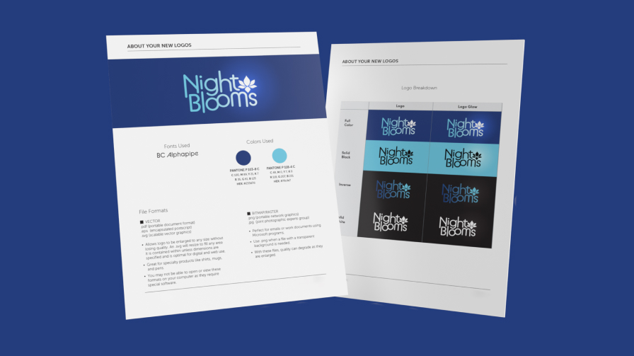 logo development mockups for Night Blooms, with design by destination advertising and marketing agency Red Sage