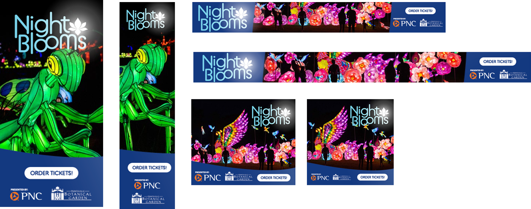 digital ads for Night Blooms, a limited time event at Huntsville Botanical Garden, designed and placed by Red Sage