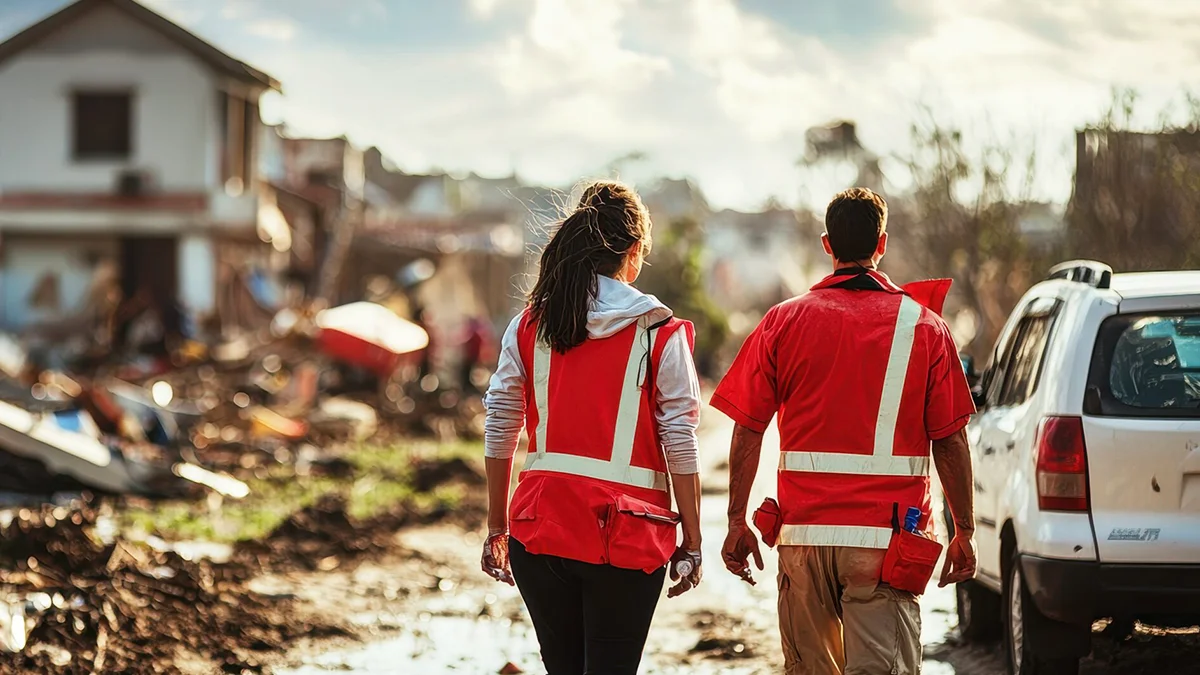 Two disaster relief workers in red vests walking through a hurricane-affected area to provide aid and support.