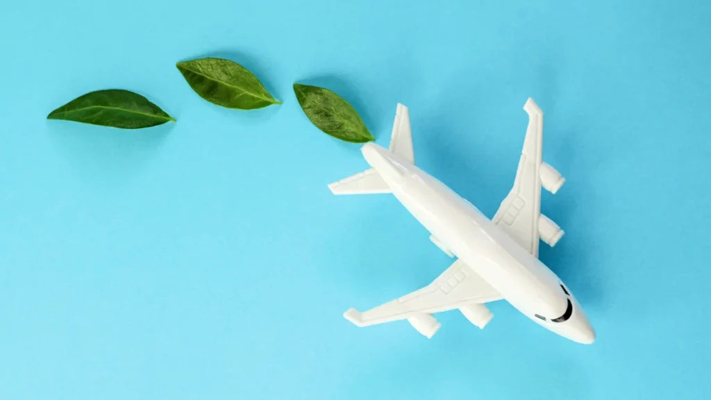 Cartoon airplane with green leaves coming from the emissions, symbolizing eco-friendly travel