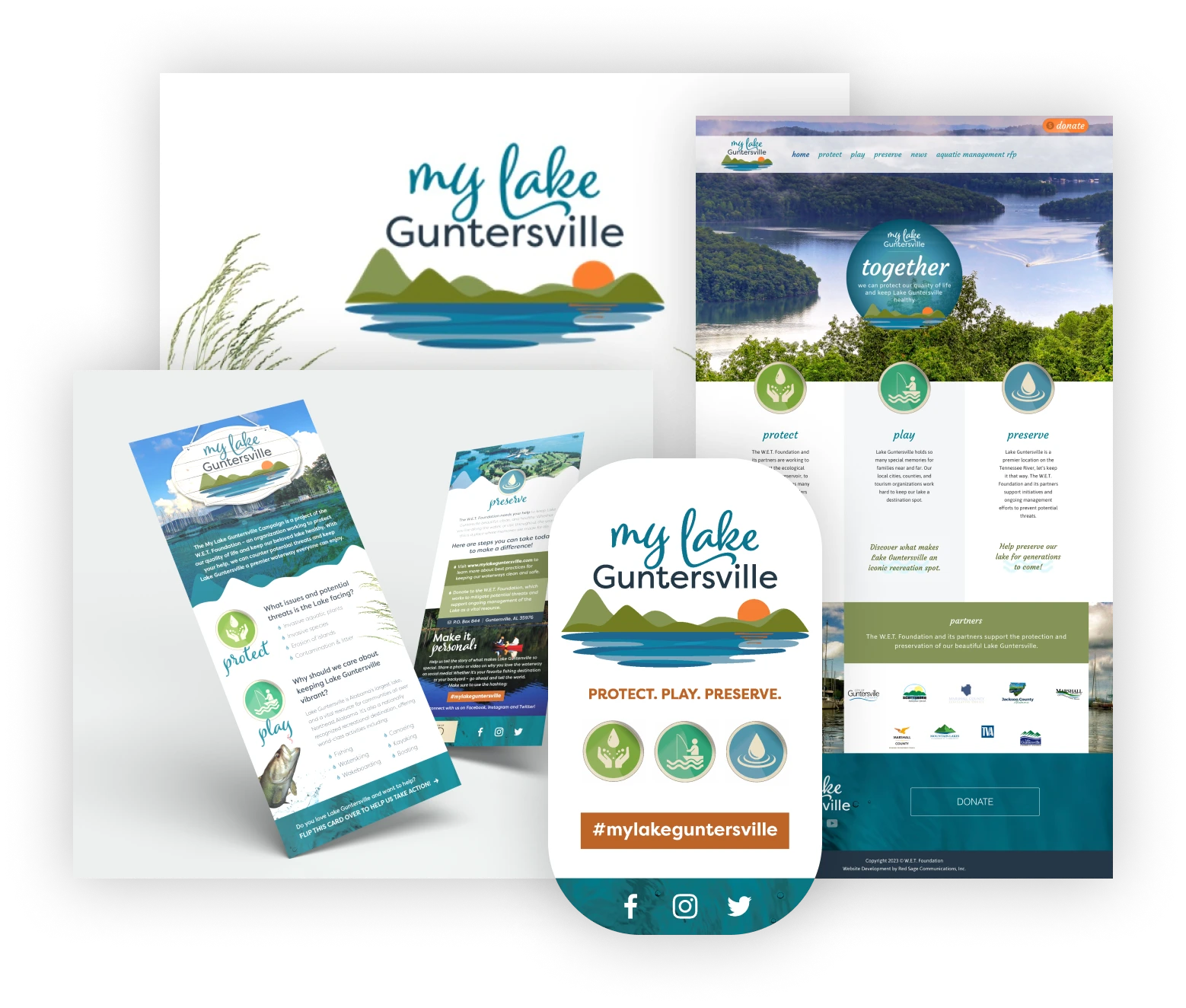 My Lake Guntersville brand identity assets including a homepage capture, developed by branding agency Red Sage Communications