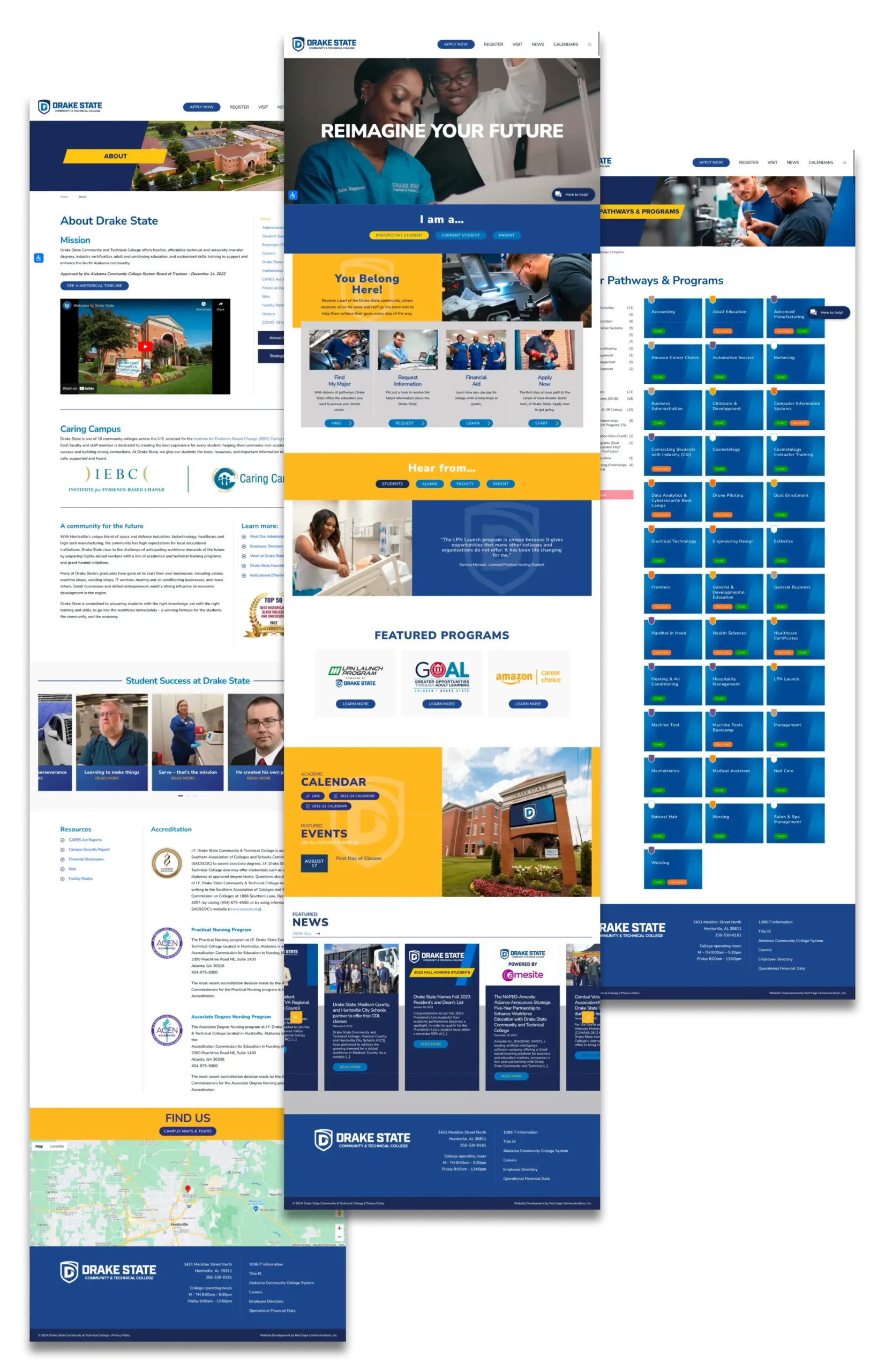 navigation, UX, and design layouts for Drake State's website from Red Sage, a destination marketing agency for colleges