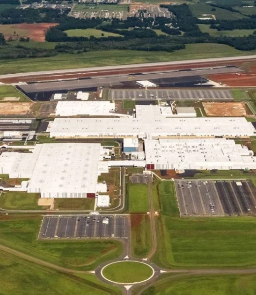 an aerial view of Mazda Toyota Manufacturing's Huntsville, Alabama area plant, which has brought thousands of jobs